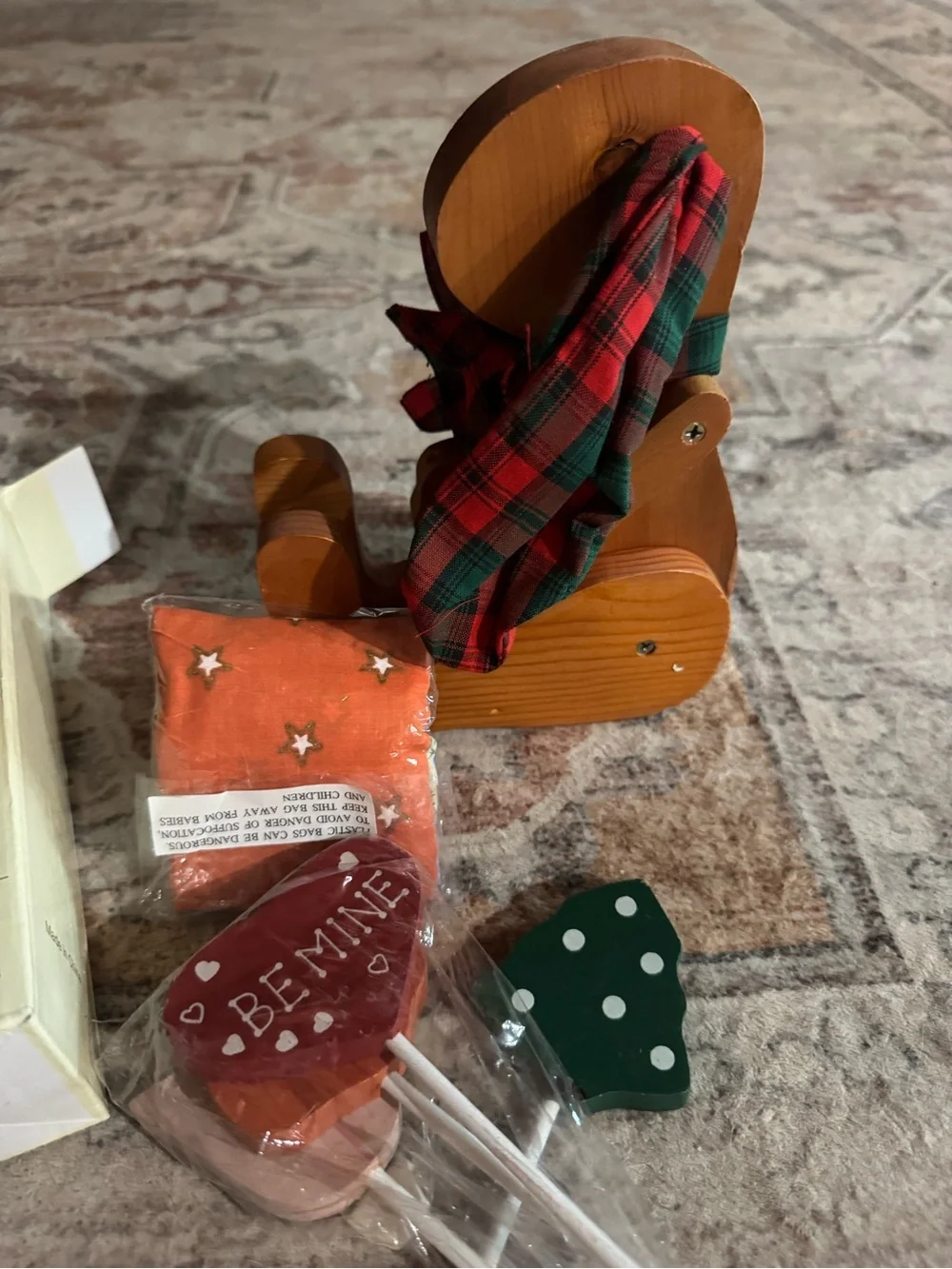 Vintage Wooden Accent Bunny with Red Plaid Scarf - Changeable Inserts